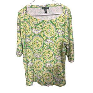 Lauren Ralph Lauren 2X Womens Paisley Print Top Cotton Blend Green/Yellow